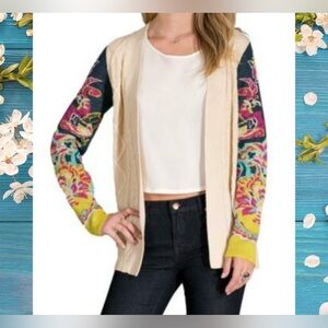 Flying Tomato Cream Cable-knit Cardigan with Multicolor Sleeves